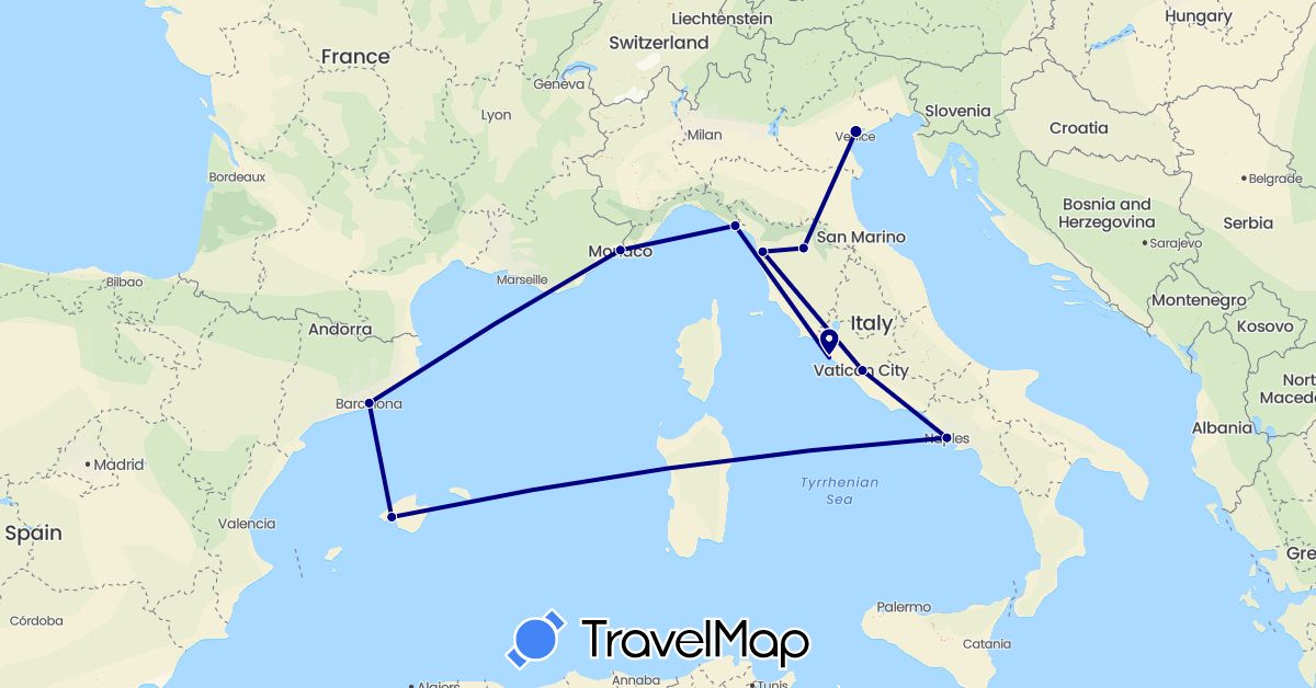 TravelMap itinerary: driving in Spain, Italy, Monaco (Europe)